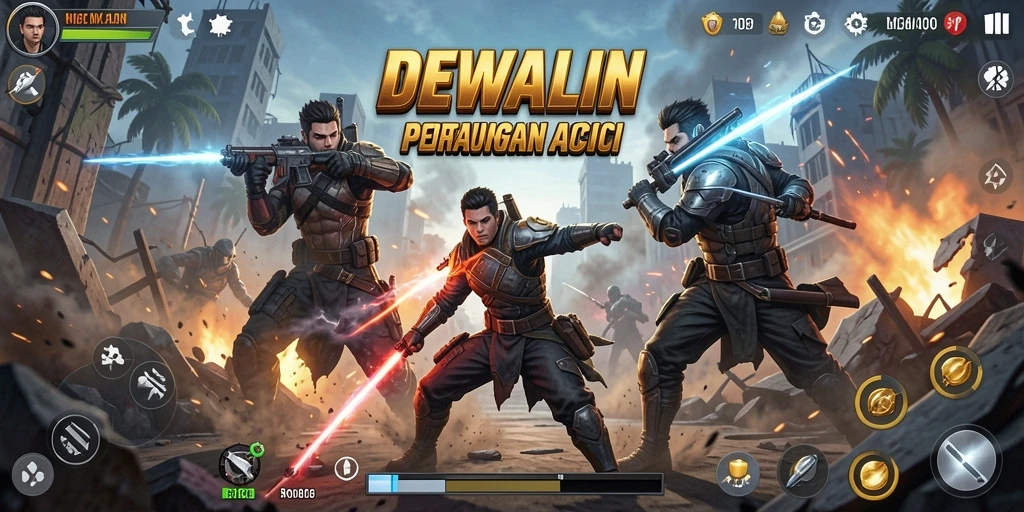 Screenshot DEWALIN menampilkan pertarungan epik di arena.