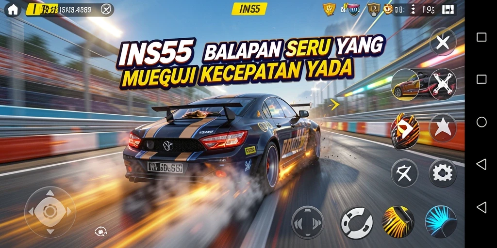 Tangkapan layar utama INS55 menunjukkan aksi balapan yang mendebarkan.