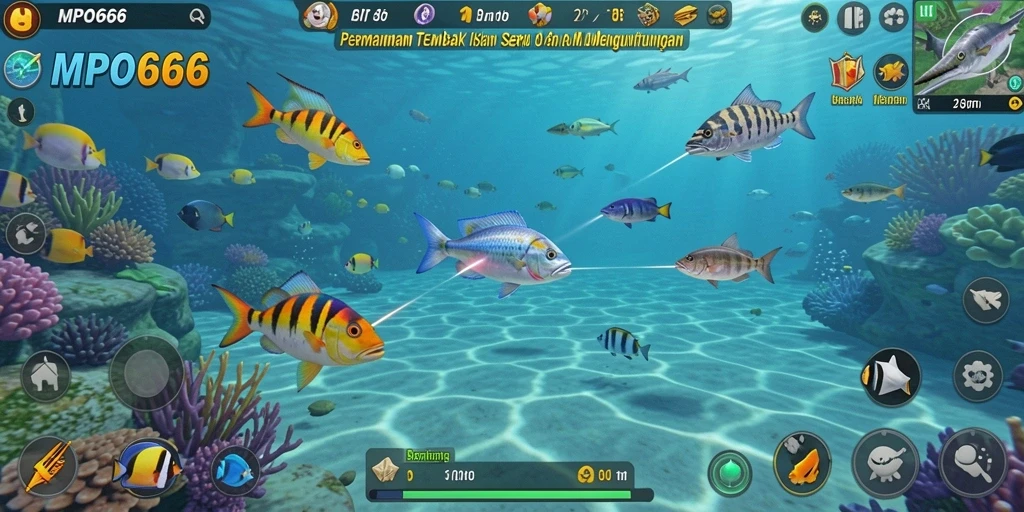 Screenshot MPO666 menampilkan aksi menembak ikan yang penuh warna.