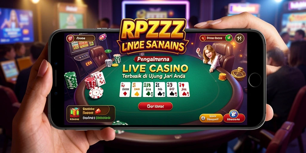 Screenshot gameplay RPZZZ menunjukkan dealer langsung dan suasana kasino.
