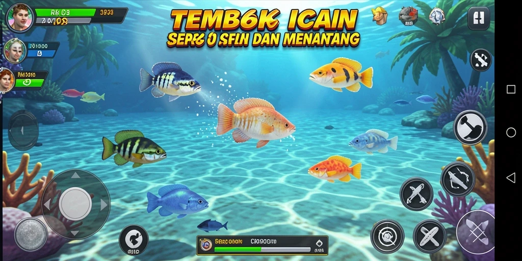 Tampilan gameplay seru dengan berbagai ikan yang bisa ditangkap.
