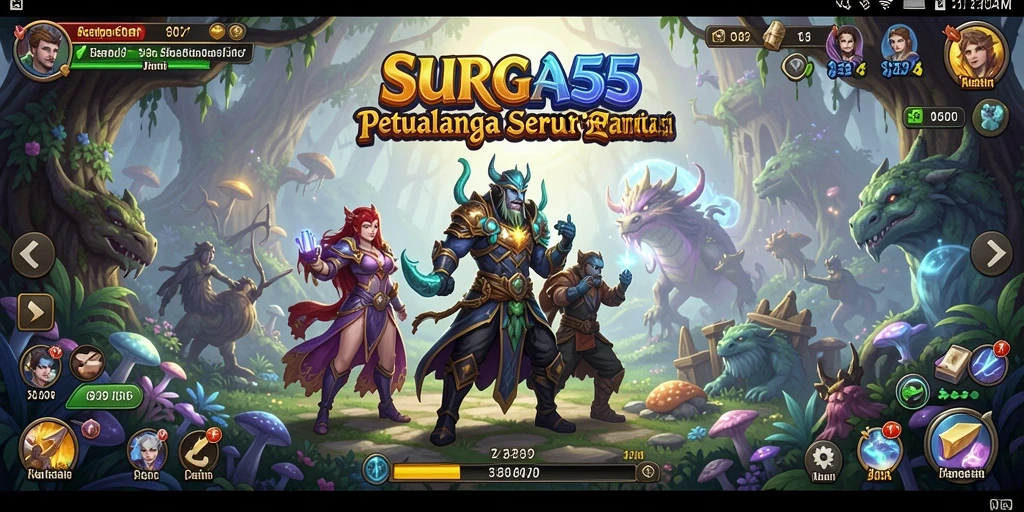 Tampilan gameplay SURGA55 dengan karakter petualang yang siap beraksi.