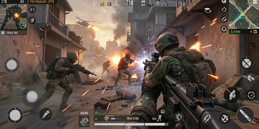 Tampilan gameplay Z18 yang menarik dan mendebarkan dalam aksi FPS.